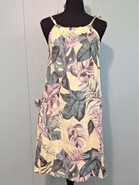 Bellambia Tropical Leaf Print Sundress Yellow Green Rouched Bottom Size Medium